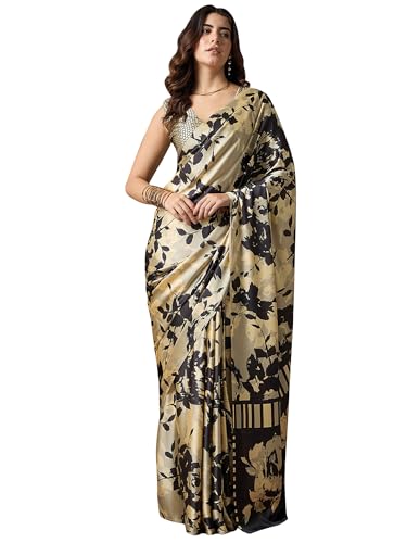 Image of AKHILAM Women's Multicolor Satin Silk Floral Printed Saree With Unstitched Blouse (SATIN1403 RJ11 Parent)