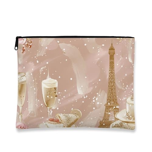 Elegant Vintage Makeup Bag, Paris Tower Parisian Cosmetic Travel Pouch for Women, Portable Canvas Zipper Organizer, Perfect for Winter Holiday, Peach, 7x9 Inch, Paris Tower