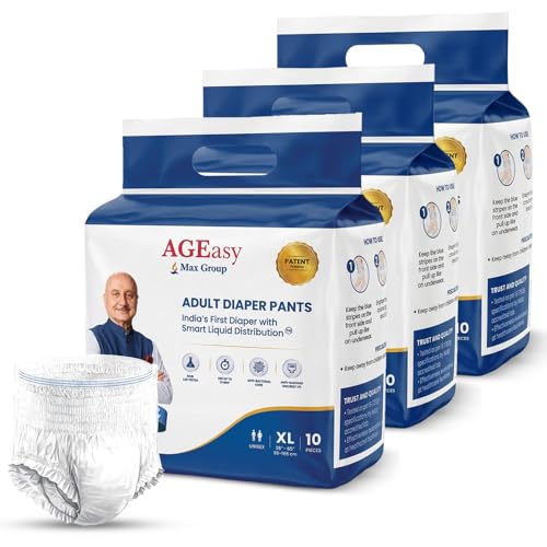 Image of AGEasy (Max Group) Adult Diapers | India's First Smart Liquid Distribution Pants | Gel-Lock Absorption | Up to 12-Hour Dryness | Anti-Sag | Invisible Fit | Odor Control | Unisex Fit (XL - Pack of 3)