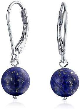 Simple Plain Navy Blue Lapis Lazuli Gemstone Round Dangle Lever back Ball Drop Earrings For Women .925 Sterling Silver