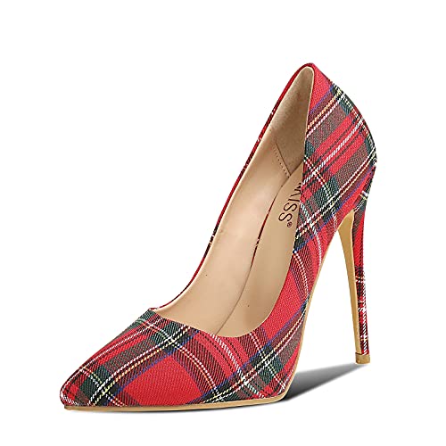 wetkiss Stiletto Heels Pumps for Women, Pointed Toe Slip on High Heel Pump Shoes for Ladies Female -12cm/4.72" Plaid