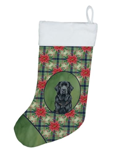Caroline's Treasures Black Newfoundland Christmas Poinsettas Holiday Stocking Double-Sided Print, Polyester Suede,11x18, Made in USA
