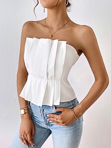 SweatyRocks Women's Strapless Pleated Tube Top Elegant Summer Flare Hem Crop Tank Tops4