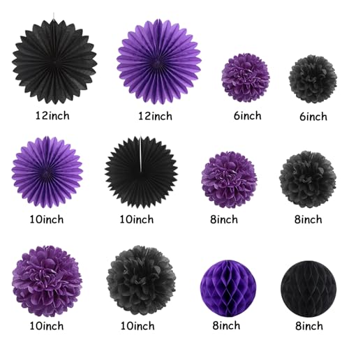 Image of Purple Black Happy-Halloween Party Decorations - 13PCS Spider Web Bats Streamers Banner ,Paper Flowers Lanterns Tissue Pom Poms Fans, Classroom Birthday Bachelorette Hanging Supplies Decor Hugfond