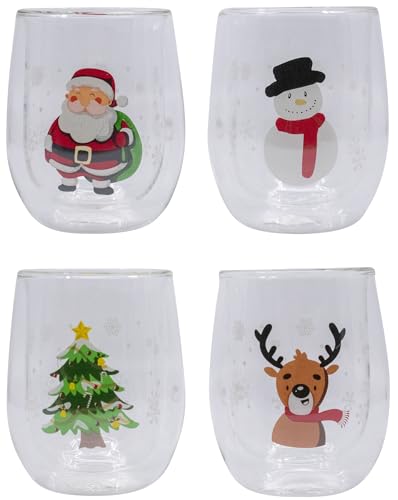 Stephanie Imports Set of 4 Double Walled Stemless Borosilicate Wine Glass Christmas Themed Drinking Glasses, 12 oz (Assorted)