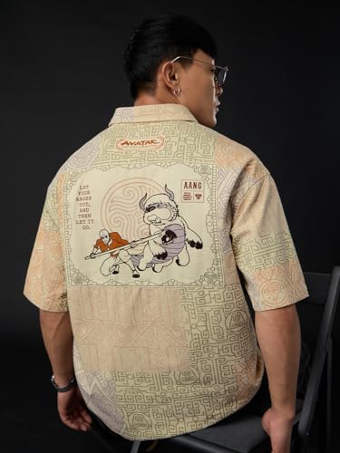 Image of The Souled Store Avatar: Everything's Connected Men and Boys Short Sleeves Collared Neck Button Front Beige Graphic Printed Cotton Oversized Shirts