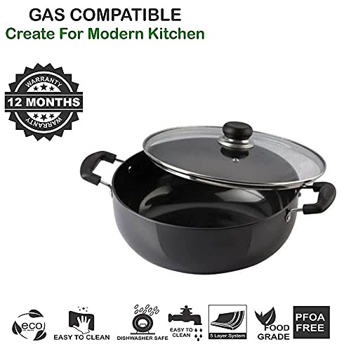 MUMMA LIFE Non-Stick Kadhai with Glass Lid (26 cm, Hammertone Finish, 3 Coat, 3mm Thickness), Aluminium (Black) - Image 6