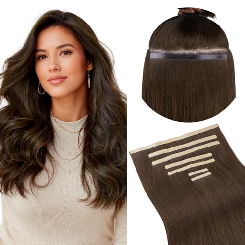 Image of GOO GOO Tape In Weft Hair Extensions Human Hair, 4A Chocolate Brown, 8cm Wide Tape, 16inch 7pcs 110g, Tape Weft Hair Extensions, Seamless Tape in