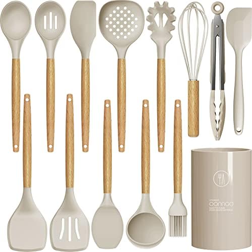 14 Pcs Silicone Cooking Utensils Kitchen Utensil Set - 446°F Heat Resistant,Turner Tongs, Spatula, Spoon, Brush, Whisk, Wooden Handle Kitchen Gadgets with Holder for Nonstick Cookware (BPA Free Khaki)