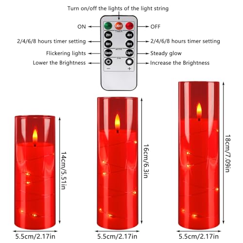 Image of 12‑Pack Red Flameless LED Candles(D 2.2 inch xH 5 inch 6 inch 7 inch) with Embedded String Lights,Acrylic Pillar Candles with 2 Remote Timers, Battery‑Operated for Christmas, Halloween & New Year Decor.