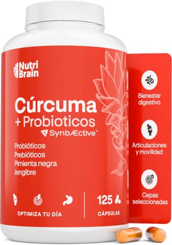 Cúrcuma con Jengibre, Pimienta negra y Probióticos | 10.300 mg Ultraconcentrada >95% | Antiinflamatorio para Bienestar Articular, Muscular, Óseo y Digestivo | 125 días | Solo 1 cápsula/día