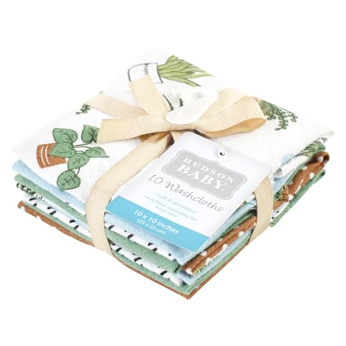 Image of Hudson Baby Unisex Baby Flannel Cotton Poly Washcloths, Plants 10 Pack, One Size
