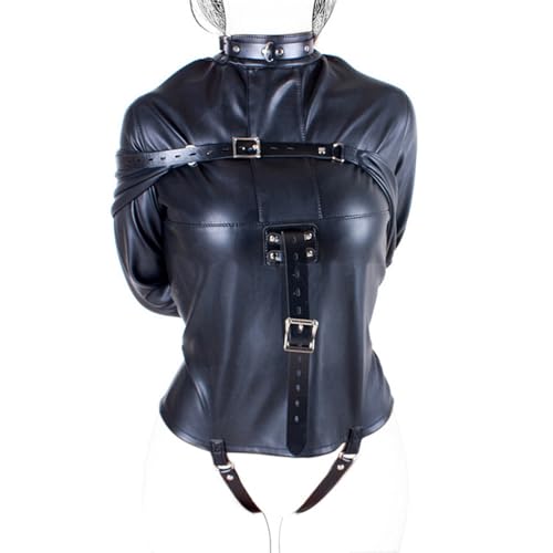 Leather Body Harness Straight Jacket Hand Cross Arm Guard Sleeve Adjustable Halloween Novelty Fancy Cosplay Costume (Black L)