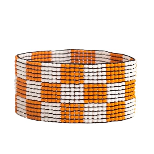 INK + ALLOY Game Day Striped Cuff Bracelets for Women, Beaded Stretch Bracelet for Sports Fans, Handmade Jewelry for College Students, Teachers, Football Moms, 1-Inch W (Orange & White Checkered)