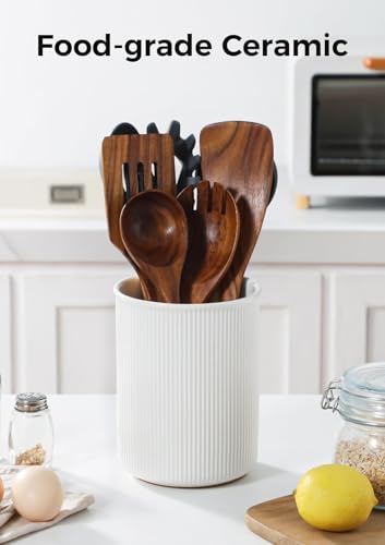 Image of LoeJan 6.7 inch Utensil Holder, Ceramic Kitchen Utensil Holder with Cork Bottom, Large Utensil Crock for Countertop, Vintage Cooking Tool Organizer Set for Kitchen Counter Decor(White)