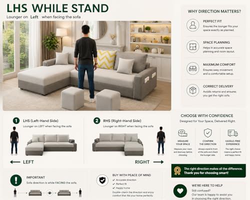 Image of Casaliving Afie LHS 4 Seater L-Shape Sofa Set with 2 Puffy for Living Room (Grey & Dark Grey Colour) Premium Fabric Sofa Set for Living Room