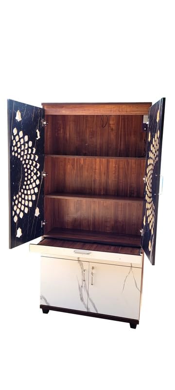 Image of 6 x 3 ft Wooden Pooja Mandir with Kalasam | Mandir for Home and Office | Wall Mount Temple with Storage | 36 inch L x 72 inch H x 12 inch D | White Marble Finish