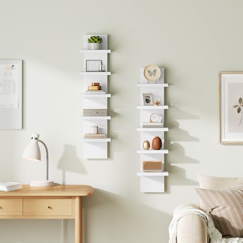 Image of HOOBRO 5 Tier Wall Shelf Unit, 2 Pack Floating Shelves for Wall, Wall Mounted Shelves for Storage, Vertical Display Shelf, Organizer Tall Tower Design for Livingroom Bedroom Kitchen, White WT18BJP201