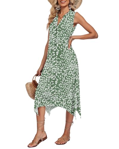 Image of AUSELILY Women Summer Midi Dress, Sleeveless Casual Asymmetrical & Pockets | V-neck midi sundress, asymmetrical flowy hem & side pockets, great for beach, vacation and daily wear