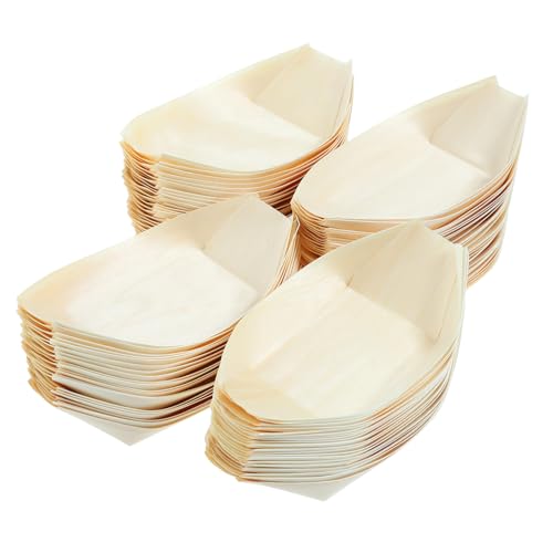 Tofficu 100個 使い捨て 木製 ボート プレート 食器: 寿司 ボート プレート 用 前菜、 サラダ、 デザート | 小さな サービング トレイ、 竹 木製 (14X8cm)