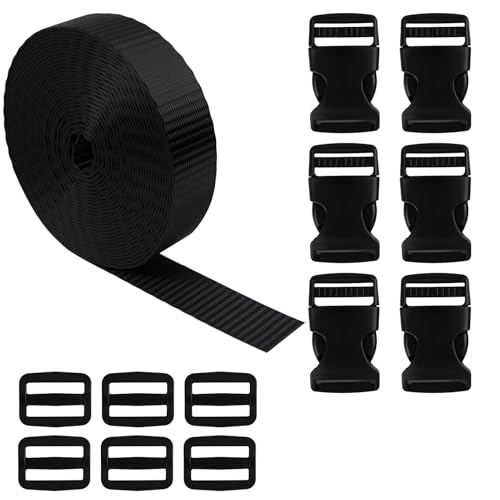 Kaelaxroy 6 Metros de Cinta de Nylon con 6 Hebillas de Liberación Lateral y 6 Deslizadores Tri-Glide, Ancho 25 mm, Correa Resistente para Reparación de Mochilas, Equipaje, Manualidades y Fijación
