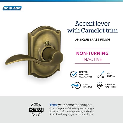 Image of SCHLAGE Accent Lever with Camelot Trim Non-Turning Lock in Antique Brass - Left Handed