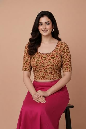 Image of Amazon Brand - Anarva Women's Kalamkari Print Cotton Stretchable Round Neck Readymade Saree Blouse