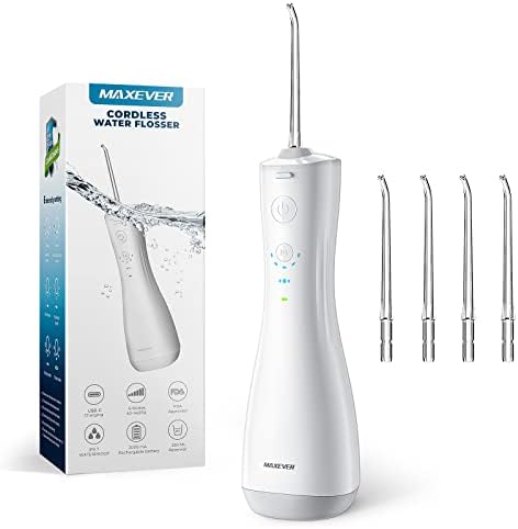 Maxever Water Flosser 4 Nozzles Cordless Oral Irrigator Dental Care Rechargeable Water Picks for Gums Brace Portable Teeth Cleaner Home Travel, White