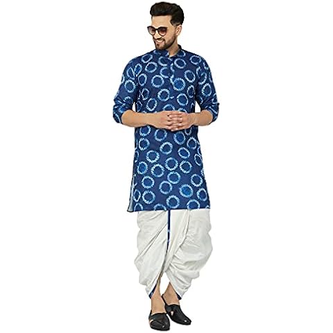 Crocon Men's Dupion Silk Full Sleeve Regular FIT Kurta & Dhoti Set-Blue RED (XL) Cover