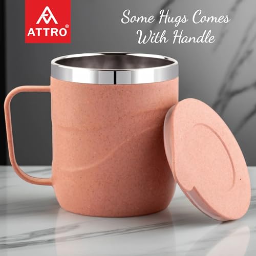 Image of ATTRO Brew Mug - Stainless Steel Inner with eco Friendly Outer Body Durable & Stylish, Microwave Safe Coffee /Tea Mug with Handle & Lid, Ideal for Home, Office, Travel & Gifting - 300ml - Pastel Peach