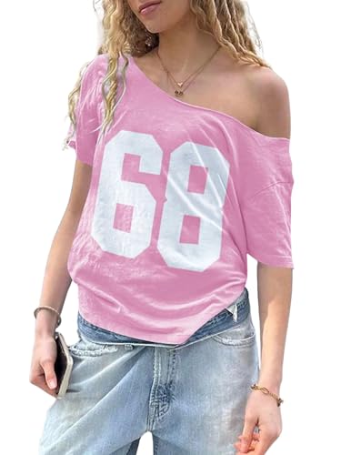Image of SXV STYLE Women's Off Shoulder T-Shirt, Pink, Number 63 Print, Short Sleeve, Casual Style