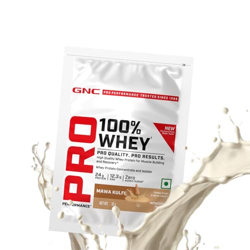 Image of GNC Pro Performance 100% Whey Protein | New Formulation | 24g Protein, 5.7g BCAAs, 12.3g EAAs | Added DigeZyme | Whey Isolate & Concentrate Blend, Low Carb (4.51g), No Added Sugar | Mawa Kulfi, 35g