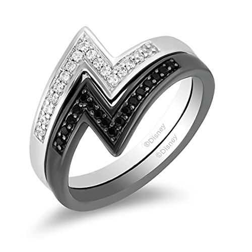 Jewelili Enchanted Disney Fine Jewelry I Rock Sterling Silver and Black Rhodium 1/4 cttw Diamond Disney Cruella Live Action Stack Ring Size 6