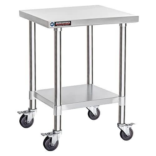 Image of DuraSteel 24x24 NSF Stainless Steel Cart Work Table - Heavy Duty Rolling Food Prep Table - Metal Utility Cart on Wheels Caster, Grill Stand Microwave Outdoor Kitchen Tables Countertop Island Large Top
