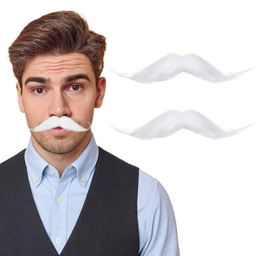 2pcs White Self Adhesive Fake Mustache Men Stick On Moustache Costume Facial Hair for Cosplay Party