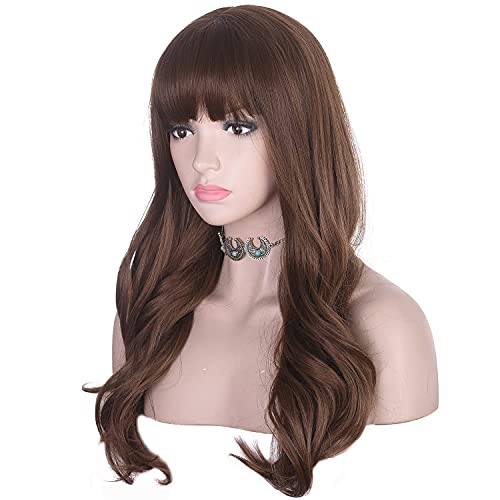 Image of Wynk Mavens Chocolate Brown long wavy with bangs hair wig |Heat Friendly Synthetic Fibers | Fashion Wigs