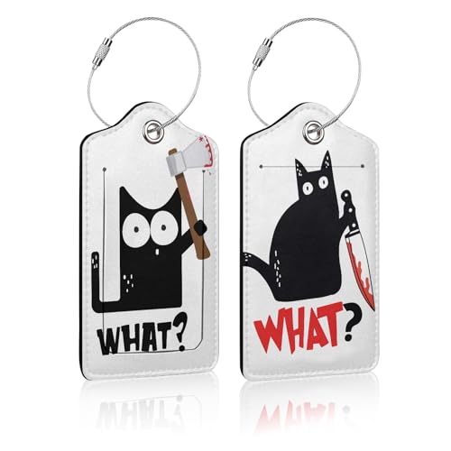 2 Pack Luggage Tag for Suitcases, Black Cats PU Leather Luggage Tag with Privacy Cover ID Label for Women Men Travel Cruise Baggage Handbag School Bag Backpack