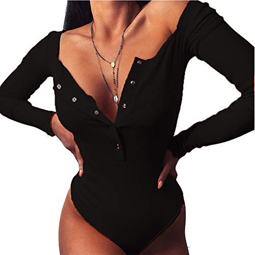 Antopmen Women Scoop Neck Button Down V Neck Long Sleeve Slim Ribbed Bodysuit Sexy Jumpsuit Tops(Black,Large)