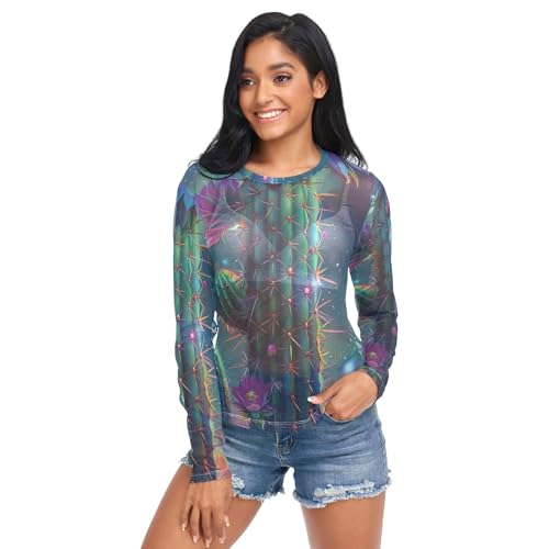 Magenta Cactus Flowers Mesh Sleeve, Party Tops for Women Long