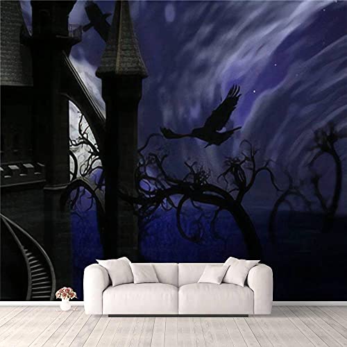 Modern 3D Illustration Of Night Forest With Full Moon Also A Castle With Ravens Wallpaper Stick And Peel Wall Stickers Removable Wall Paper Mural For Living Room Bedroom Tv Background Wall #TOP18