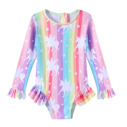 Toddler Girls Long Sleeve Swimsuit One Piece Ruffle Zipper Rash Guard Bathing Suit UPF 50+ Kid Swimwear 1-6 Years