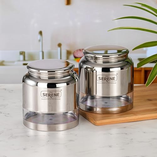 Image of Serene Stainless Steel Exotic See-Through Jar | Airtight Jars for Kitchen Storage | Premium Steel Jars with One Turn Lock Lid | Transparent Stainless Steel Containers | 2000ML | 2 PC