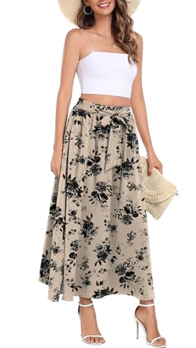 Askyes Womens Maxi Skirt Summer Trendy Tie Knot Elastic High Waisted Boho Casual Beach Flowy Swing Long Skirts with Pockets4