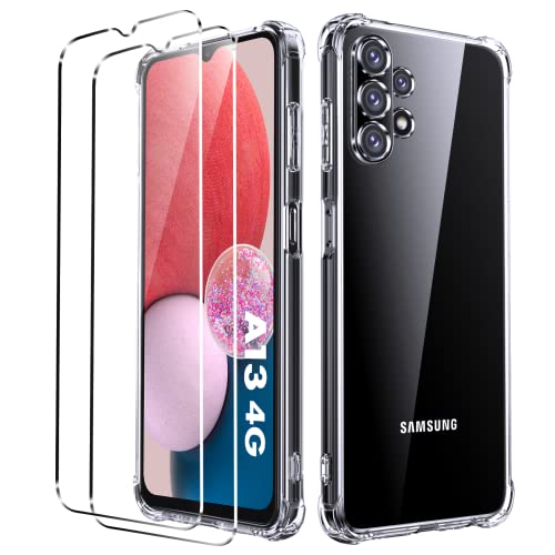 Oududianzi - Coque pour Samsung Galaxy A13 4G, avec 2 Pièces Protecteur D'écran en Verre Trempé, Coque en Silicone Transparent Souple avec Bumper Antichoc à Coussin d'air Cover