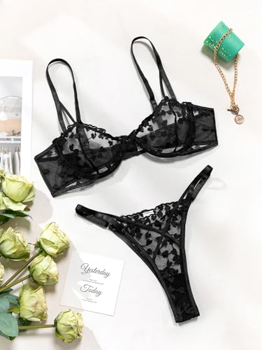 Image of Lilosy Sexy Underwire Cute Push Up Strappy Embroidered Mesh Sheer Lingerie Set See Through Panty Bra