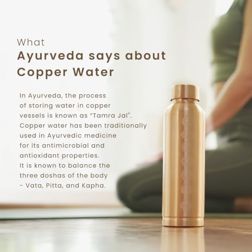 Image of Pure Copper Water Bottle 1 Litre, 7 Chakra, Leak Proof, Boosts Immunity, Ideal For Office, Gym, Yoga, Gifting, 1L
