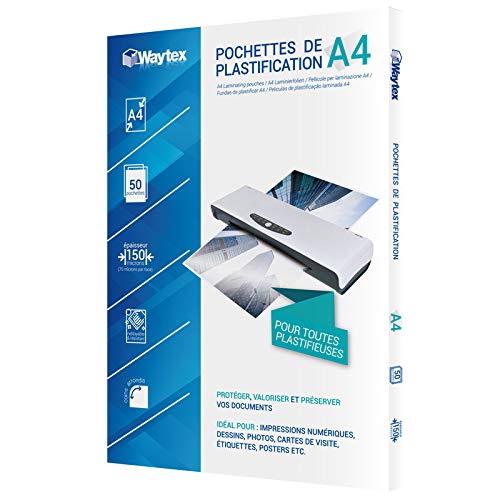 WAYTEX Pack 50 feuilles de plastification A4 75 microns finition brillante transparente