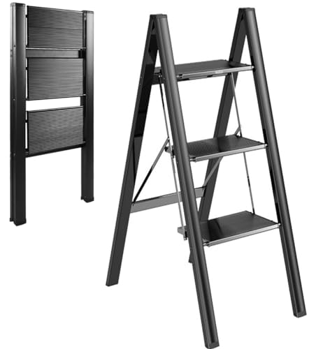 BQKOZFIN 3-Stufen-Klappleiter, Alu Leiter, Leicht Stufenleiter mit...