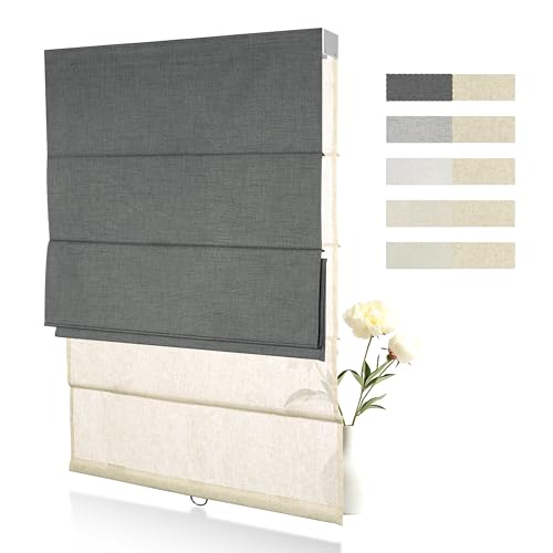 Boolegon Dual Roman Shades, Day Night 2 in 1 Cordless Roman Blinds, Double Window Shades for Home, Thermal Insulation, Linen Grey & Beige - Blackout & See Through, 60" W x 64" H