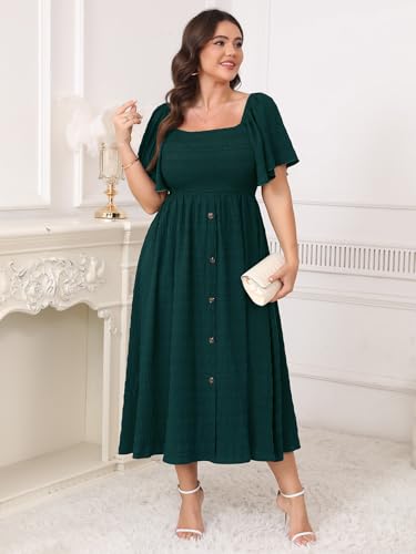 Image of Plus Size Casual Maxi Boho Dress for Curvy Women Short Sleeve Square Neck Smocked Summer Beach Dresses Button Down